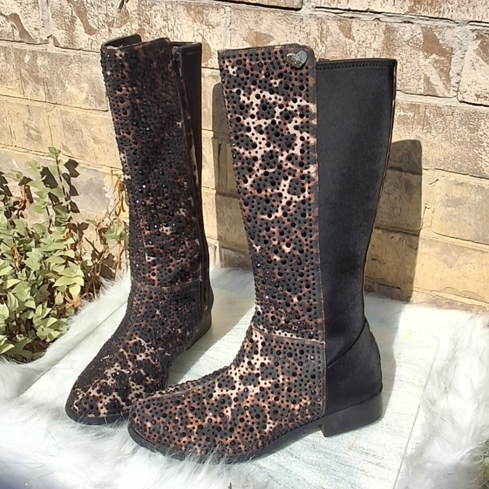 Stuart Weitzman Youth Crystal Fifty Cheetah Knee High Boots Shoes Kids Size 4